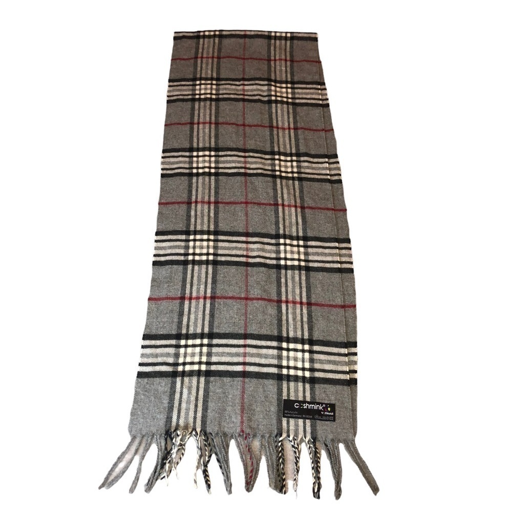 CASHMINK V. Fraas Black Gray Red White Plaid Scar Made in Germany 60" - Picture 2 of 7